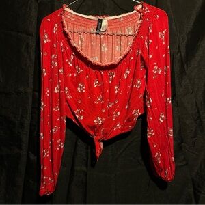 Divided Red Floral Tie-Front Blouse